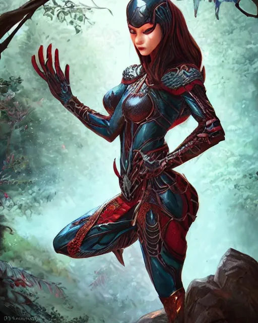 Prompt: A beautiful Spiderwoman wearing armor , posing on a rock in a magical forest, super detailed and realistic face, fantasy art, in the style of Artgerm, illustration, epic, fantasy, intricate, hyper detailed, artstation, concept art, smooth, sharp focus, ray tracing, vibrant