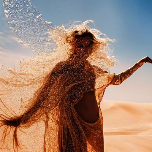 Image similar to filmstill photography of female body covered with curly white translucent blanket blowing in wind, acrylic liquid colors, luxurious supermodel photoshooting, golden jewelry, bokeh, godrays, strong wind, wrinkles, sunrays, sunset, lens flares, monet, renoir, cold colors, sand dunes