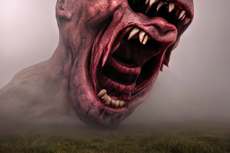 Prompt: a giant screaming titan made of muscles and flesh, very angry, misty, foggy, ambient light, terror, glows, realistic, photo-realism, hyper realism, picture,