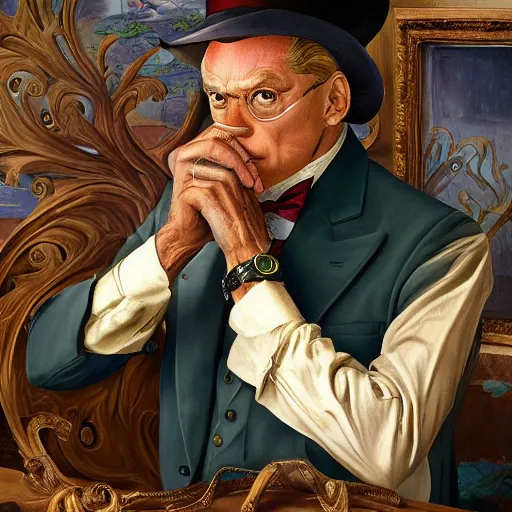 Image similar to gentleman frogman wearing a cravat and hand watches portrait in the museum, highly detailed, sharp focus, digital painting, artwork by Victor Adame Minguez + Yuumei + Tom Lovell + Sandro Botticelli