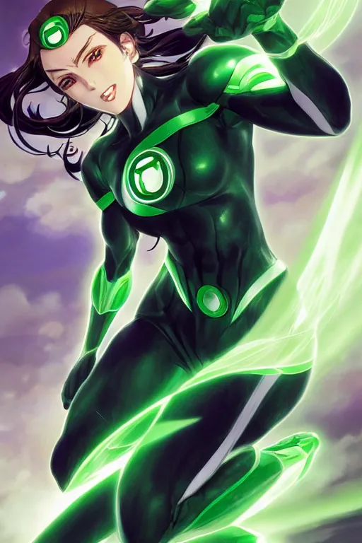 Image similar to anime key visual of a beautiful female green lantern! intricate, suit, powers, speed, goddess, dc comics, cinematic, stunning, highly detailed, digital painting, artstation, smooth, hard focus, illustration, character concepts by senior concept artist art by artgerm and greg rutkowski and alphonse mucha