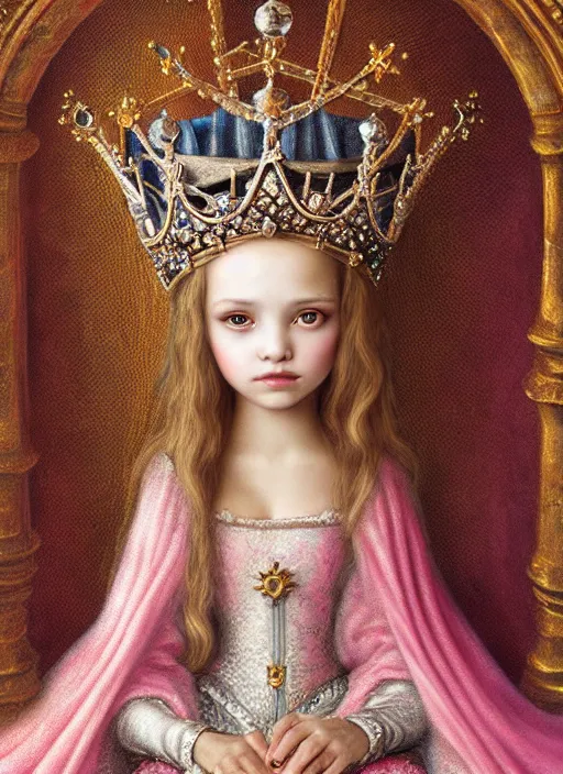 Image similar to highly detailed closeup portrait of a medieval princess wearing a crown and sitting on a throne, nicoletta ceccoli, mark ryden, lostfish, global illumination, god rays, detailed and intricate environment