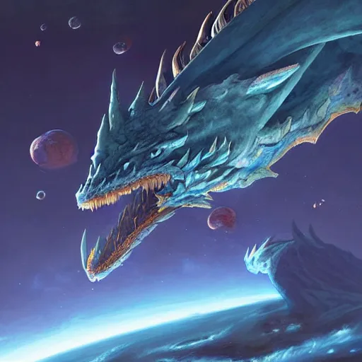 Image similar to Gigantic blue scaled dragon devouring an earth like planet while flying in space, sun system, behemoth, leviathan, nebula, oil painting, by Fernanda Suarez and Edgar Maxence and Greg Rutkowski