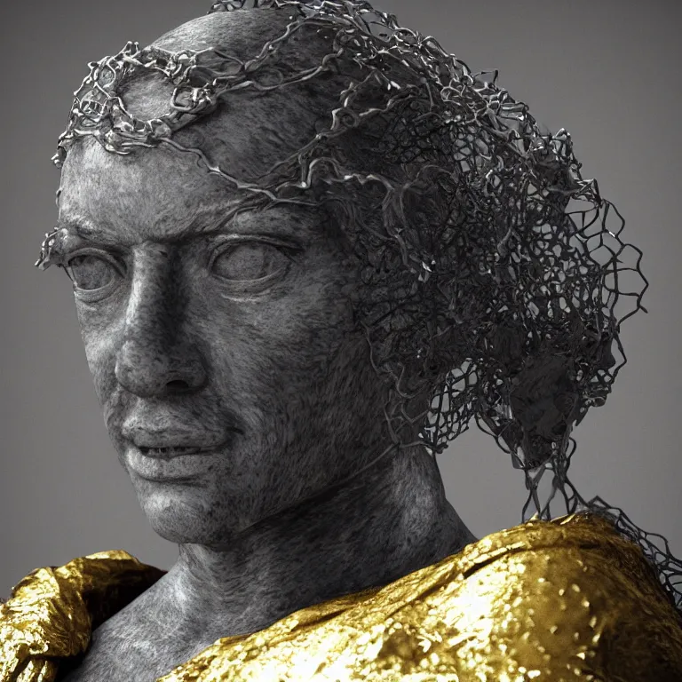 Prompt: octane render portrait by wayne barlow and carlo crivelli and glenn fabry and salvador dali and wes anderson, a screaming black marble statue of a roman woman covered in a gold shiny fishing net inside a european museum, cinema 4 d, ray traced lighting, very short depth of field, bokeh