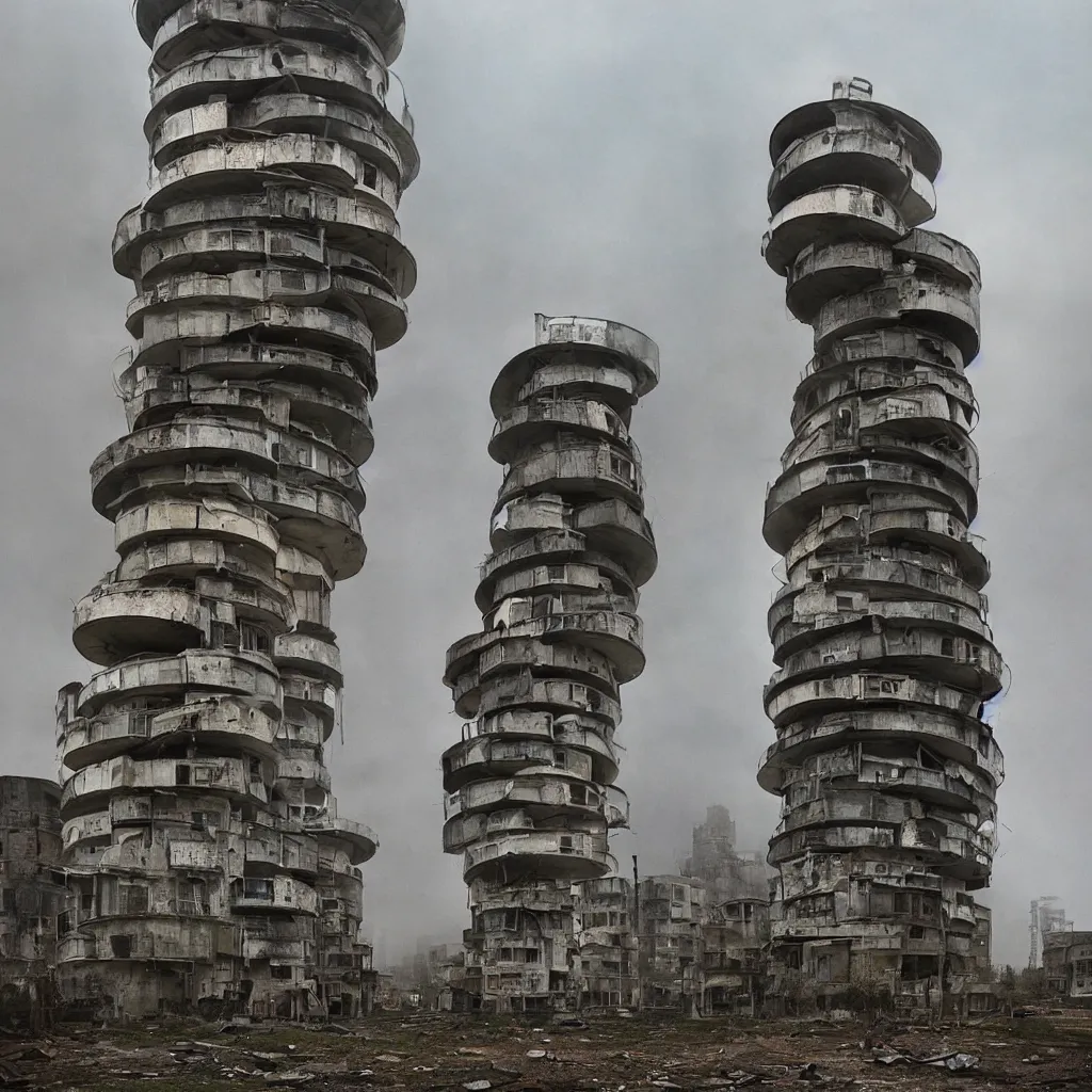 Image similar to circular towers, made up of makeshift squatter housing with faded colours, apocalyptic sky, misty, dystopia, mamiya rb 6 7, fully frontal view, ultra sharp, very detailed, photographed by julie blackmon