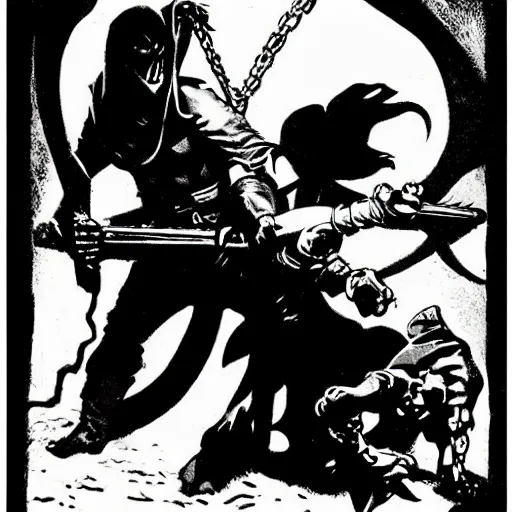 Prompt: A rogue disarming a trap. Religious, Dark Fantasy, Film Noir, Black and White. High Contrast, Mike Mignola, D&D, OSR