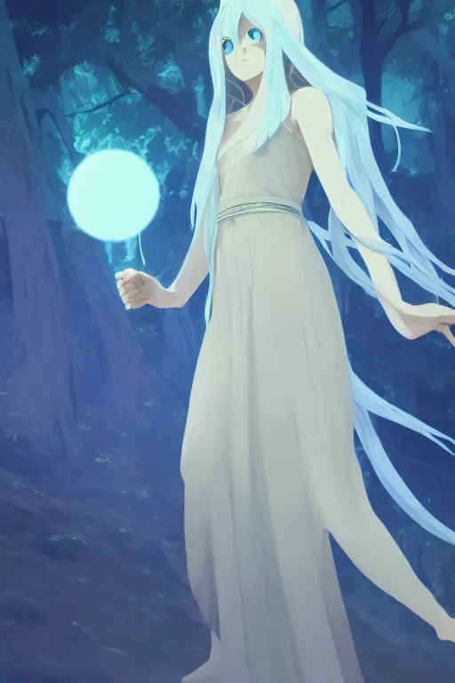 Prompt: A full body portrait of a female priestess with long silver hair by makoto shinkai and james gilleard, fantasy, very detailed, matte, gaussian blur, tone mapping