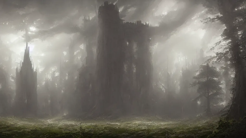 Prompt: digital painting of a thorns castle in the middle of a spire forest, foggy morning, lightshafts, in the style of greg rutkowski, trending on artstation