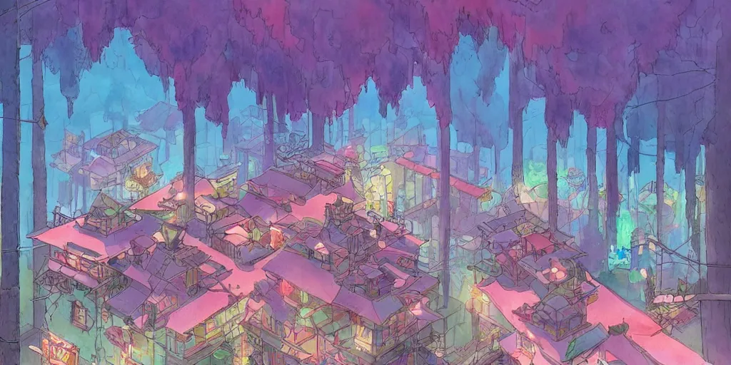 Prompt: bathhouse and nature, modern contemporary, lanterns. watercolor art, expansive cinematic view, volumetric shading, intricate and detailed, highly saturated colors. breath of the wild style, by hayao miyazaki ghibli!!!. pastel!! pink!! accents. trending on artstation. award winning