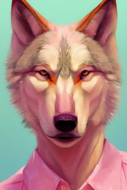 Prompt: portrait of realistic wolf wearing pink shirt, smoking cigarette, digital painting, artstation, concept art, smooth, sharp focus, illustration, art by artgerm, james jean, jean giraud, edward hopper, gaston bussiere and greg rutkowski