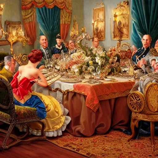 Image similar to fancy dinner with people sitting around a large dinner table, Realistic, Regal, Refined, Detailed Digital Art, Michael Cheval, Walt Disney (1937), François Boucher, Oil Painting, Steampunk, Highly Detailed, Cinematic Lighting, Unreal Engine, 8k
