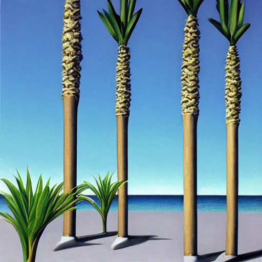 Image similar to vaporwave palm trees, Gertrude Abercrombie, highly detailed, masterpiece, trending on ArtStation, ultra realistic