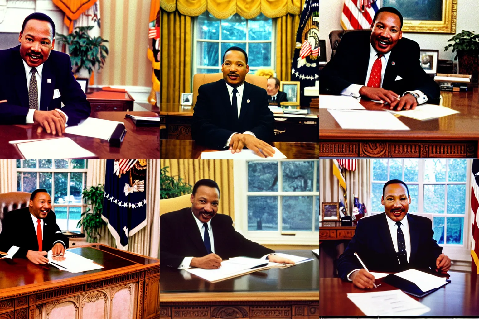 Prompt: professional modern 1990 vibrant color photo of president martin luther king jr smiling working at the resolute desk in the white house wearing a suit and tie sitting in the oval office