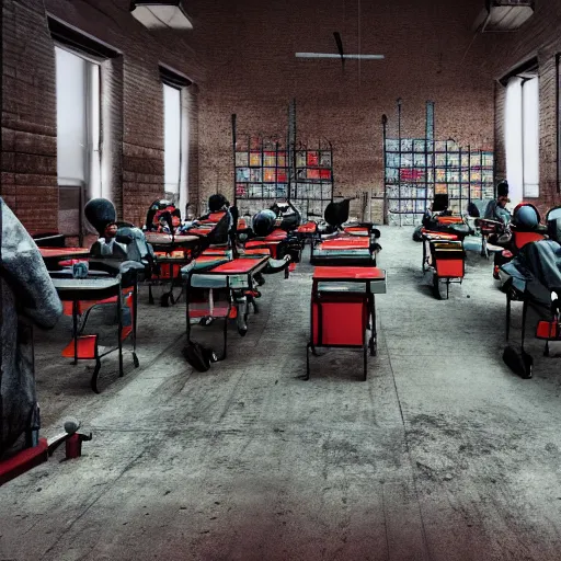 Prompt: avarice horrible irrational brainwash sweatshop schools, realistic, dramatic lighting, fantastic reality, by stefan bakałowicz, 8 k resolution