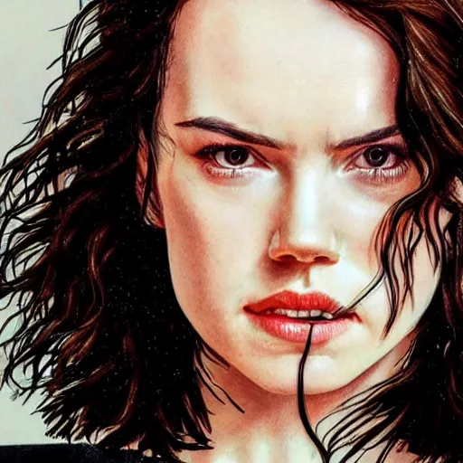 Prompt: daisy ridley, head and shoulders portrait, extremely detailed masterpiece, one single continues line.