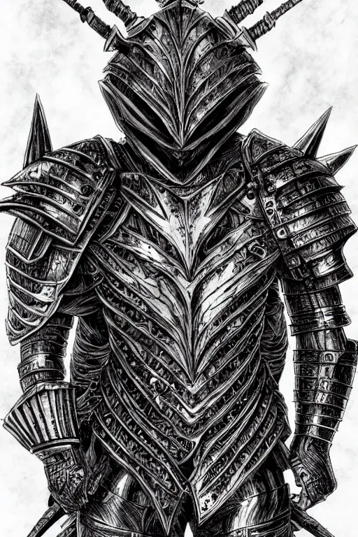 Image similar to armoured warrior, symmetrical, highly detailed, digital art, spine themed armour, sharp focus, trending on art station, kentaro miura manga art style