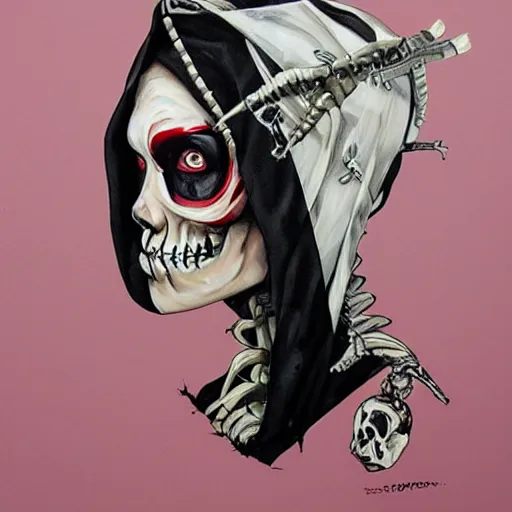 Image similar to a skeleton in black cloak by Sandra Chevrier