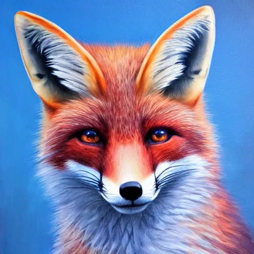 Prompt: A portrait of a surreal fox with glowing blue eyes, focused, soft lighting, spooky painting by Alexander Jannson