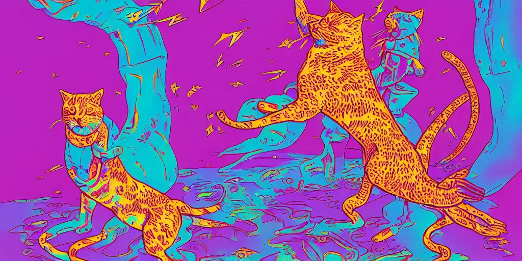 Image similar to risograph of electric cats that fly over ice, a lot of tv screens around, shrimps are all over the ground, acid and dreaming psychedelic hallucinations, by moebius, colorful surreal design, hd, 8 k, artstation