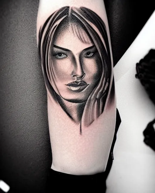 Image similar to tattoo design sketch of a beautiful woman face blended with a background of beautiful mountains, hyper - realistic, in the style of den yakovlev, amazing detail, black and white