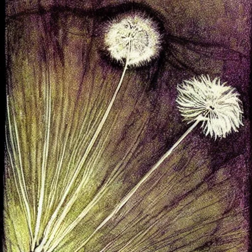 Image similar to a beautiful fairytale painting of a dandelion seed that is also a fairy. the dandelion seed is the body of the fairy. beautiful clear painting by arthur rackham