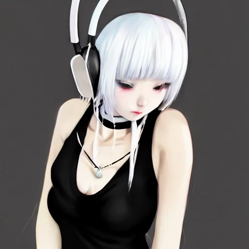 Image similar to realistic teasing detailed semirealism beautiful gorgeous cute Blackpink Lalisa Manoban white hair white cat ears blue eyes, wearing black camisole outfit, headphones, black leather choker full HD 4K high resolution quality WLOP, Aztodio, Taejune Kim, Guweiz, Pixiv, Instagram, Artstation