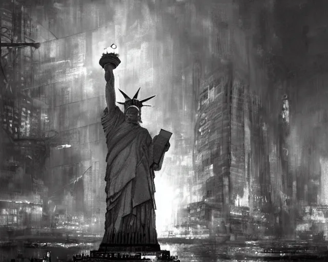 Prompt: Donald Trump attcking the Statue of Liberty in Manhattan, post apocalyptic New York, craig mullins, dramatic lighting, very detailed