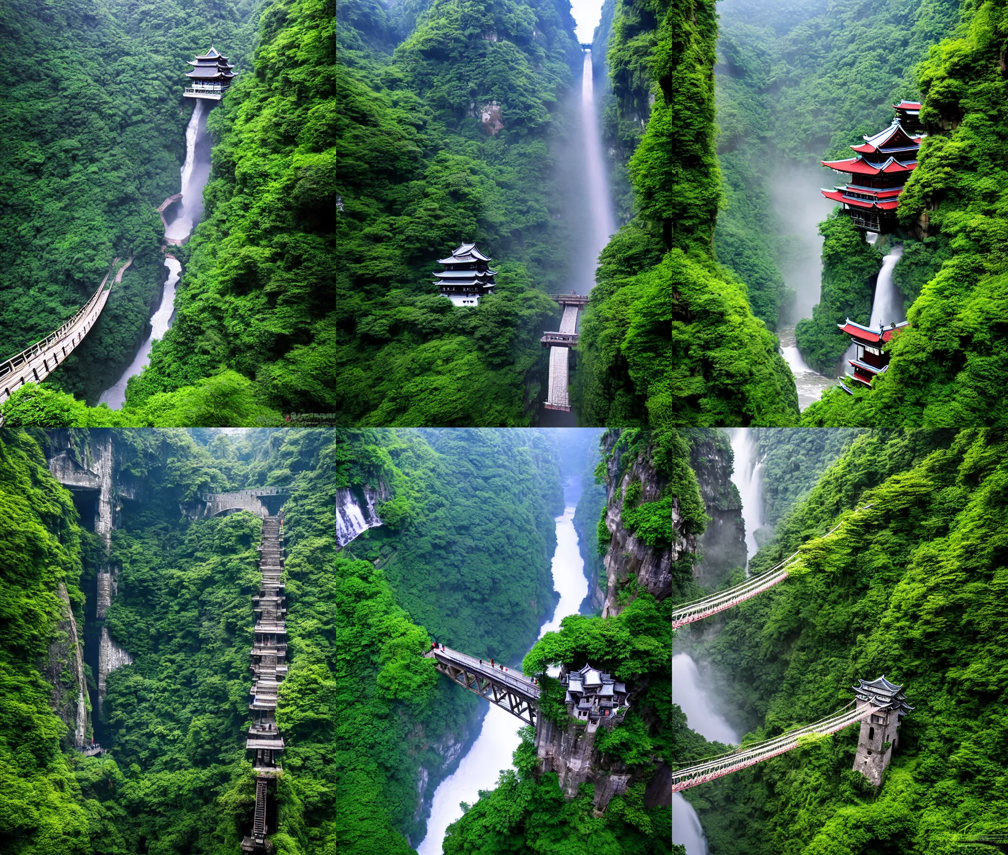 Image similar to establishing wide shot inside han son doong with waterfalls on either side of the cliff walls, at the top of the cliff is a japanese castle, an old suspension bridge spans the walls