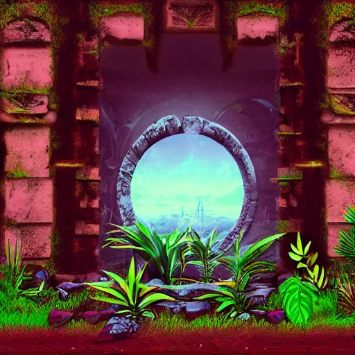 Prompt: ancient ruins with a portal and plants,digital art,retrowave art