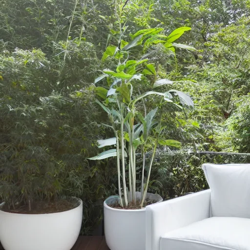 Prompt: zen minimalist clean modern white plant balcony, soft - light, cool, overlooking beach