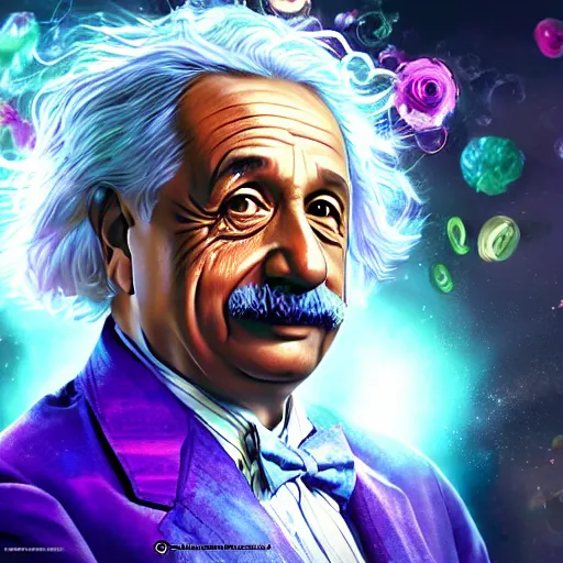 Image similar to portrait of albert einstein as willy wonka, league of legends amazing splashscreen artwork, fantasy, splash art, natural light, elegant, photorealistic facial features, intricate, fantasy, detailed face, atmospheric lighting, anamorphic lens flare, cinematic lighting, league of legends splash art, hd wallpaper, ultra high details by greg rutkowski