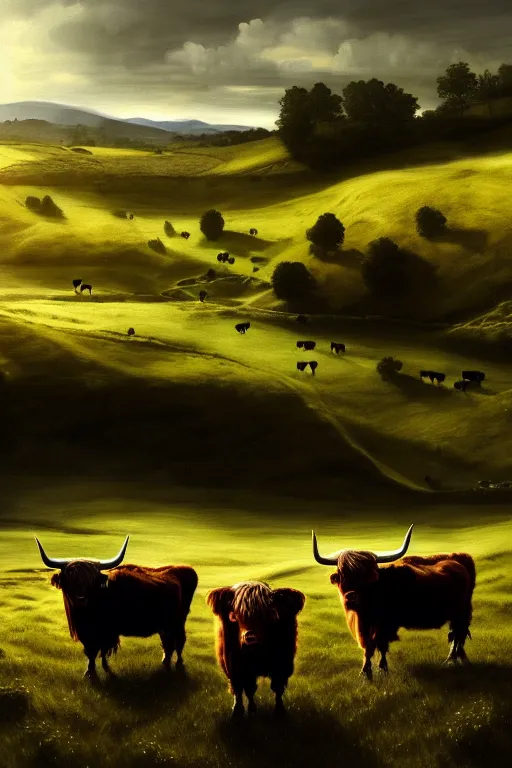 Image similar to peaceful farmland and highland cattle, in the style of tim smith, solarpunk, atmospheric, clean, intricate and epic composition, gray by caravaggio, insanely quality, highly detailed, masterpiece, white light, artstation, 4 k