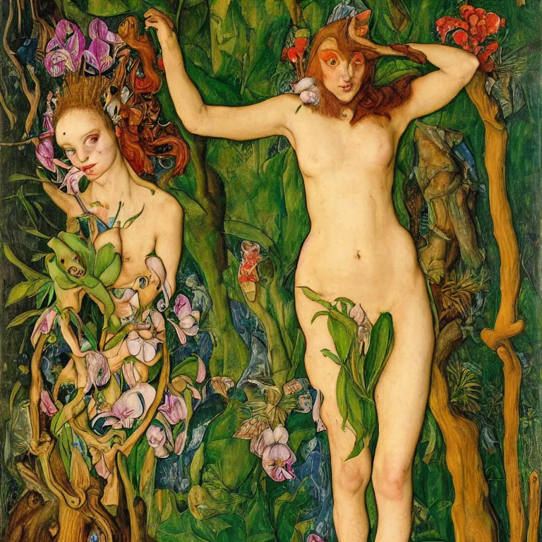 Prompt: a dryad venus, transforms herself into a tropical alien fish. in the forest around her are colorful tropical birds and orchids. painted by jan van eyck, egon schiele and max ernst, trending on artstation, 8 k, award winning