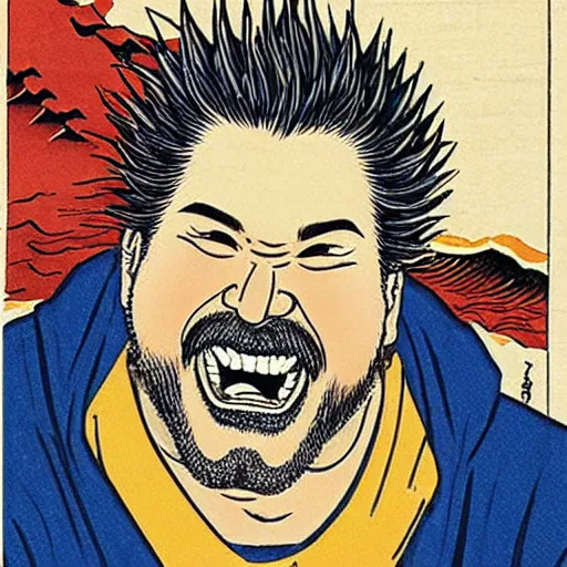 Prompt: Guy Fieri eats Japanese food by Katsushika Hokusai, art