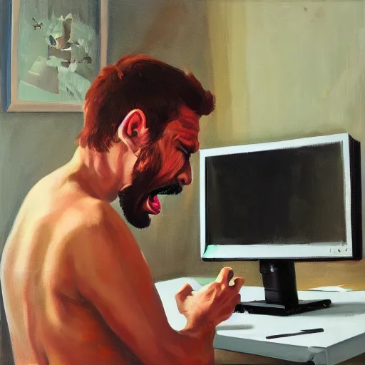 Image similar to an angry man yells at his computer monitor, oil on canvas, highly detailed