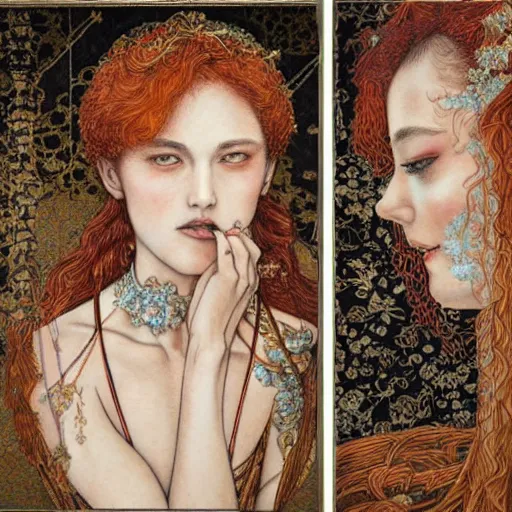 Prompt: roman by chie yoshii ultradetailed. a beautiful assemblage. she coalesces into a tall woman in a white dress, diamonds around her neck, hair carefully arranged in auburn waves, young & old at the same time.