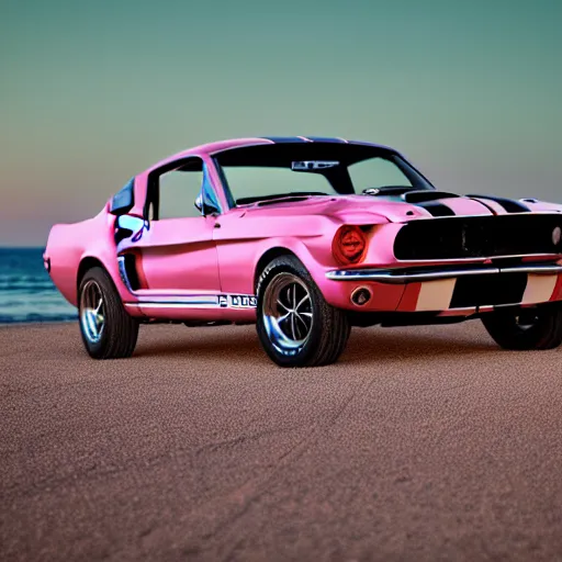 Image similar to long shot of 1967 Ford mustang Shelby GT500 in pink color at sunset in front a beach, 4k, HD Photography