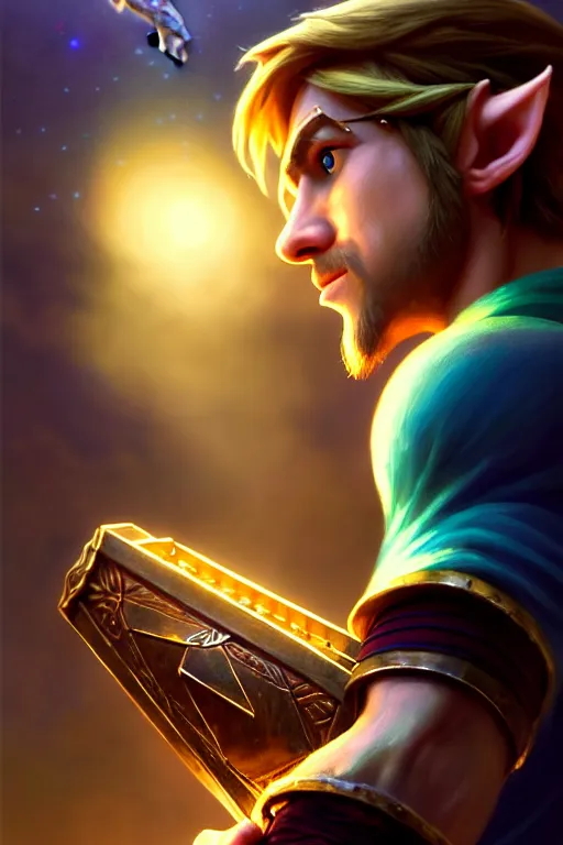 Prompt: cinematic shot of an epic portrait of link from zelda playing hes ocarina, shiny skin, beautiful eyes, beautiful, small details, night setting, realistic poster with volumetric light from craig mallism, artgerm, jeremy lipkin and michael garmash, unreal engine, radiant light, detailed and complex environment, digital art, trends at art station, a masterpiece