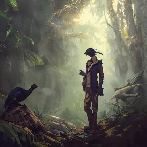 Image similar to concept art painting of a person with a head of a crow, with steampunk clothes, in the deep forest, realistic, detailed, cel shaded, in the style of makoto shinkai and greg rutkowski and james gurney