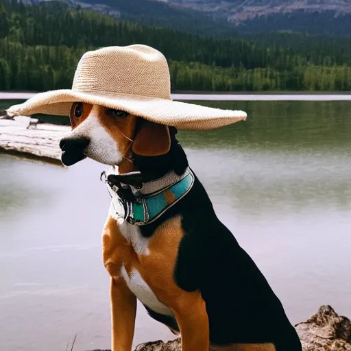 Image similar to beagle wearing a hat, posing in front of a lake