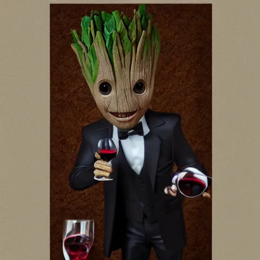 Image similar to realistic groot as a gentleman wearing tuxedo drinking wine, 1 0 0 mm, trending on artstation, behance, photorealistic, movie shot, studio lighting, 8 k