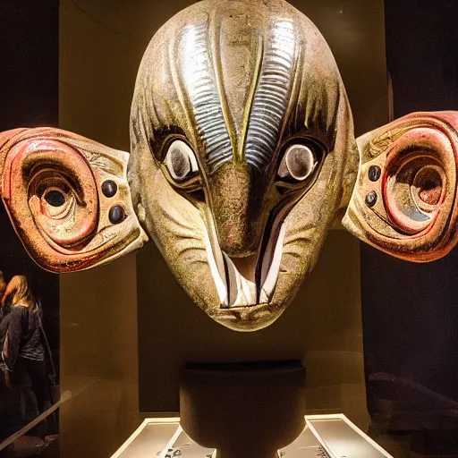 Image similar to traditional alien mask in a museum with spot lights, realistic, photography, photojournalism, national geographic photoshoot