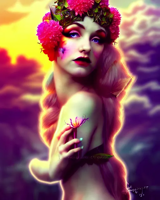 Prompt: photot of burlesque elf, flowers in hair, fantasy character portrait, soft clouds, floral sunset, ultra realistic, concept art, intricate details, art nouveau, cinematic, highly detailed