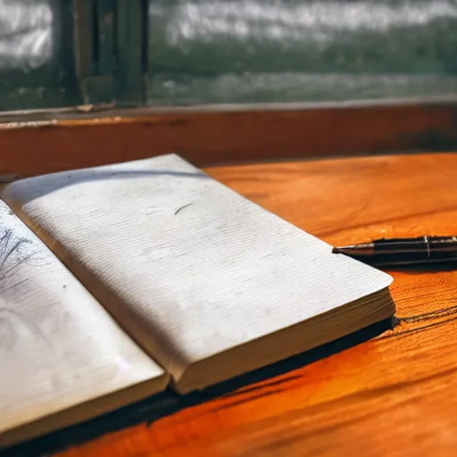 Image similar to highly detailed close up photo of an old worn notebook on wooden table, old table, feather pen, light coming out of near window, moody lighting, dust in air