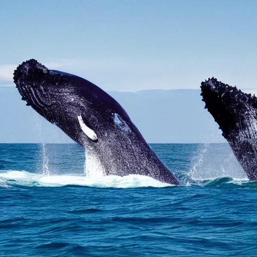 Prompt: photo of an ocean scene with whales swimming by