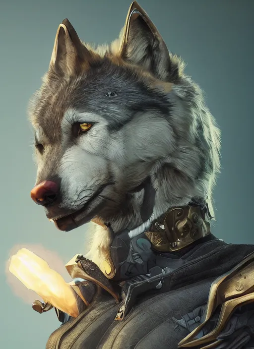 Image similar to wolf - headed superhero, hyper detailed, digital art, trending in artstation, cinematic lighting, studio quality, smooth render, unreal engine 5 rendered, octane rendered, art style by klimt and nixeu and ian sprigger and wlop and krenz cushart.