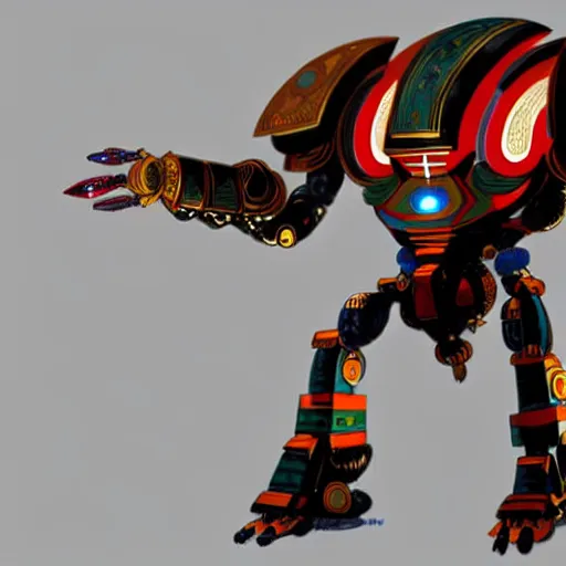 Prompt: Colossal Culturally Egyptian Jaeger Mech named Khepri Atlas from Pacific Rim with large scarab-like head with red orb, Hugo Martin Concept Art