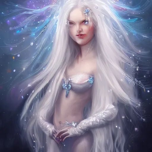 Image similar to Attractive young female ice angel, beautiful long white hair, wearing ice crystals, intricate, highly detailed, elegant, digital painting, trending on artstation