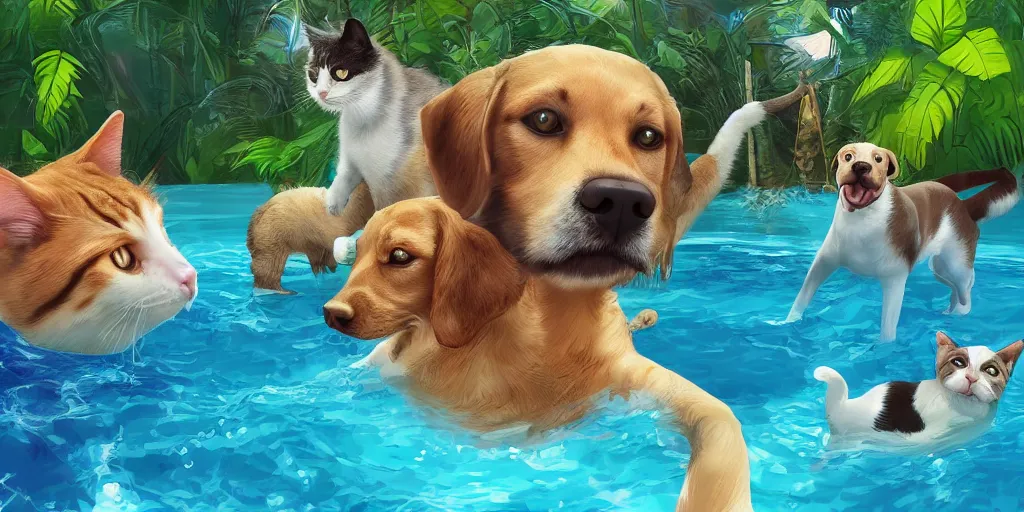 Image similar to cat and dog taking selfie in a swimming pool in the middle of the jungle, highly detailed, digital painting, artstation, concept art