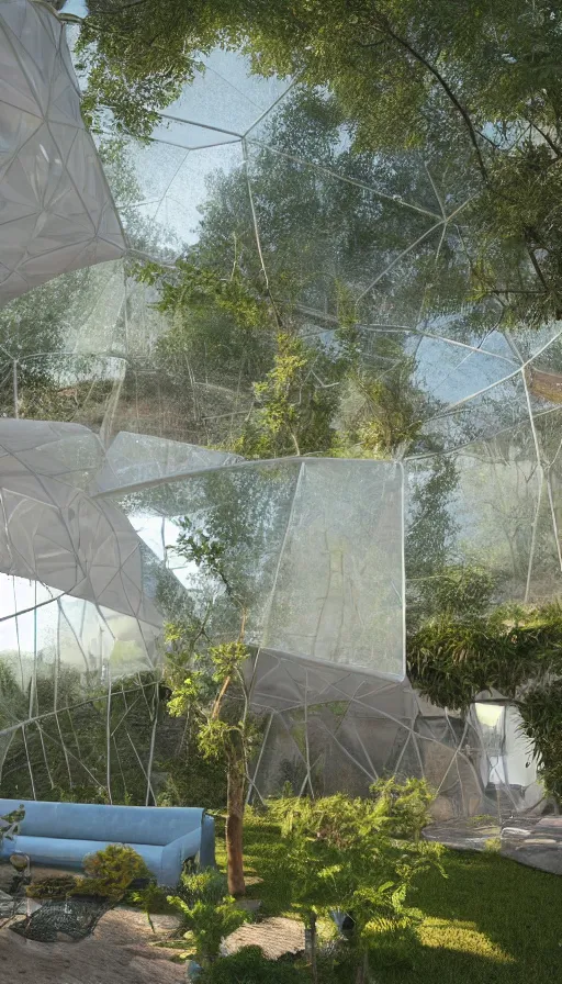 Prompt: A photograph of the interior of a geodesic glass house, the house’s glass ceilings and glass walls are draped in translucent multicolored mesh tarps, the house glows with daylight, volumetric lighting, grasses and bushes, sweet acacia trees, mesquite trees in background, contemporary living room furniture and plants, ultra wide shot, unreal engine 5, megascans, photorealistic